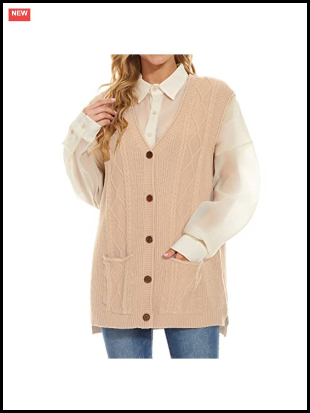 Sleeveless Cable Knit Sweater Vest V-Neck Button Cardigan with Pockets